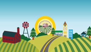 illustration of farm windmill trees downtown and residential on farmland